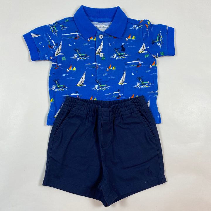 Ralph Lauren blaues Karibik Druck Baby-T-Shirt und Shorts Sommer-Set Second Season versch. Grössen