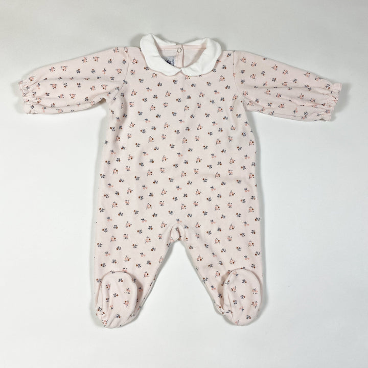 Petit Bateau rosafarbener Samtpyjama mit Blumendruck und Blütenkragen 3M/60