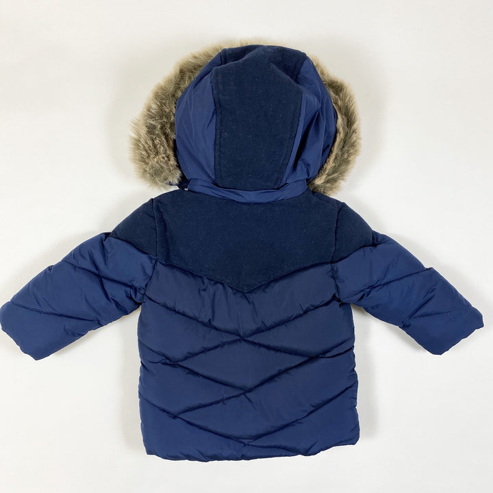 Jacadi navy hooded winter jacket with faux fur and suede detailing 1Y