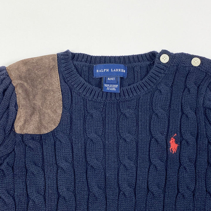 Ralph Lauren marineblauer Zopfstrickpullover mit Wildlederaufnäher 4Y