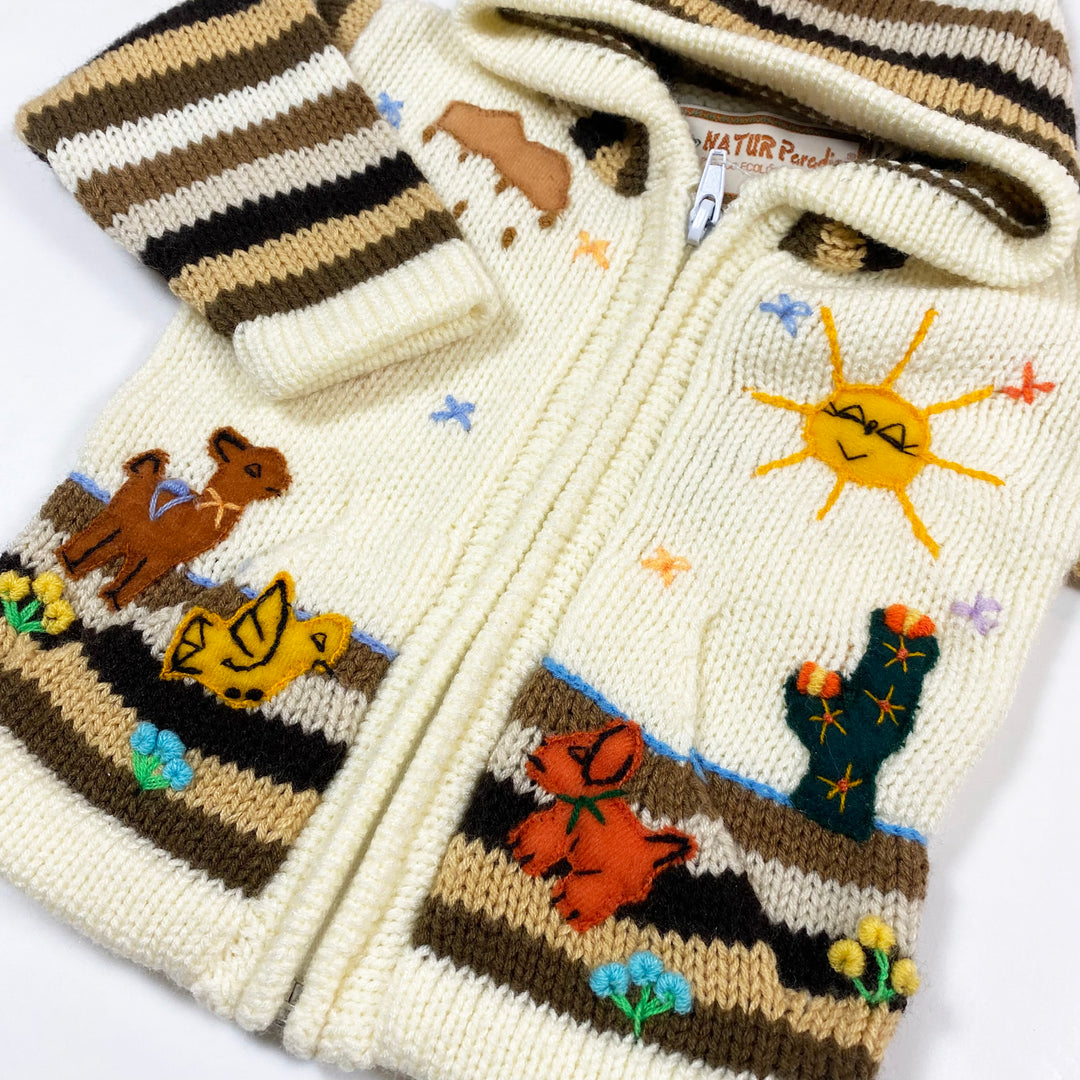Natur Paradise beige hooded knitted cardigan with lama embroidery Second Season 3-6M 2