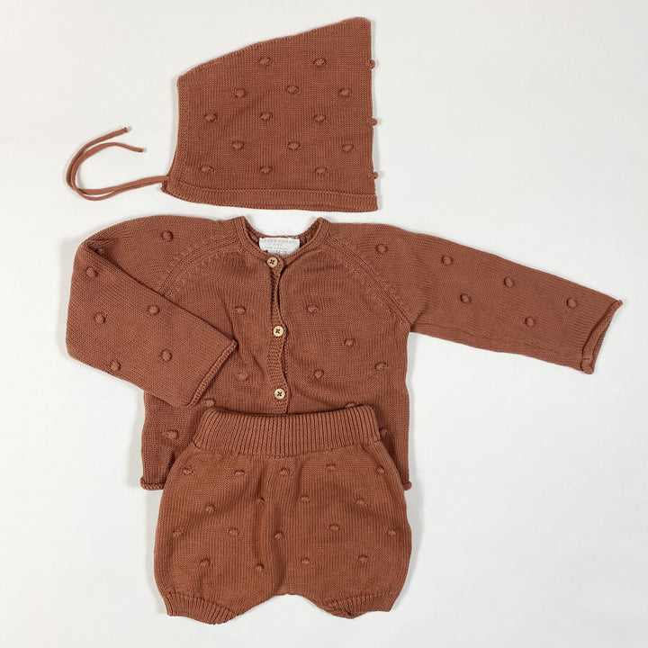 Zara soft brown bubble knit bloomer, bonnet & cardigan set 12-18M