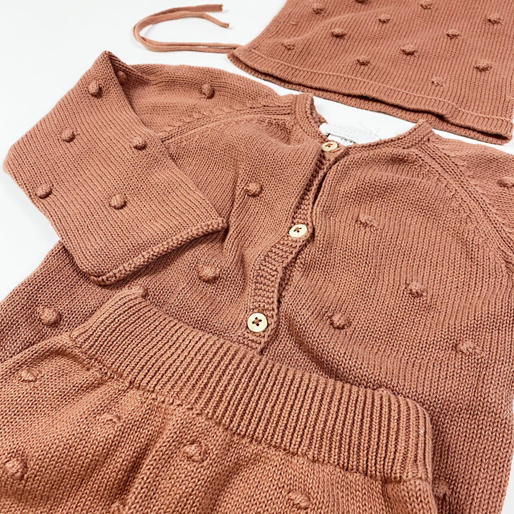 Zara soft brown bubble knit bloomer, bonnet & cardigan set 12-18M