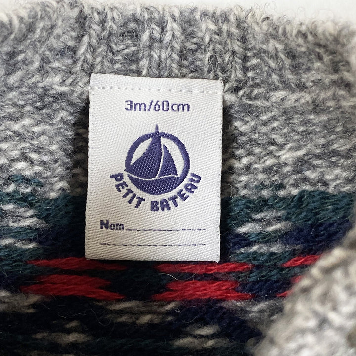 Petit Bateau grauer Strickpullover mit traditionellem Muster 3M/60