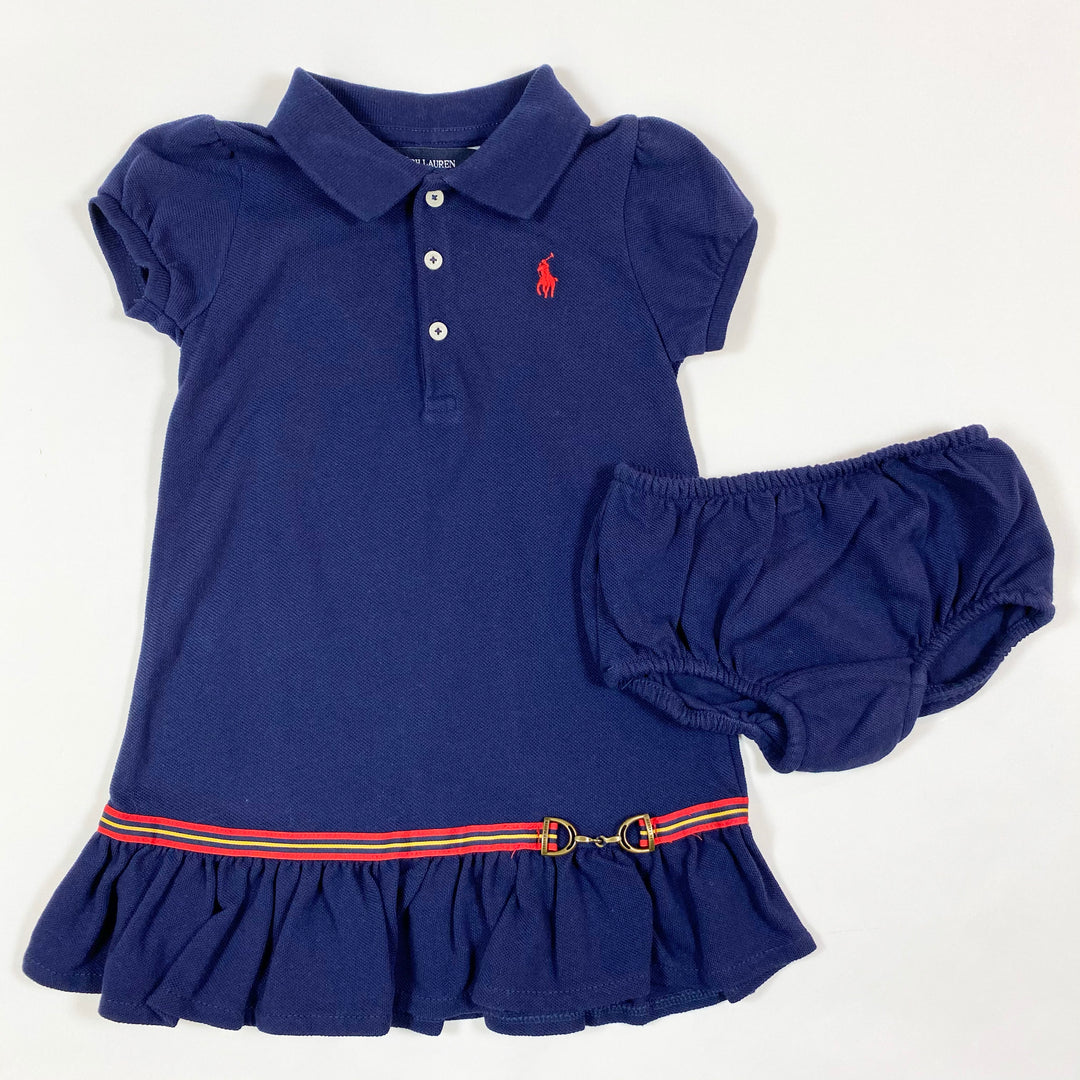 Ralph Lauren navy short-sleeved dress with cheval detail & matching bloomers 24M