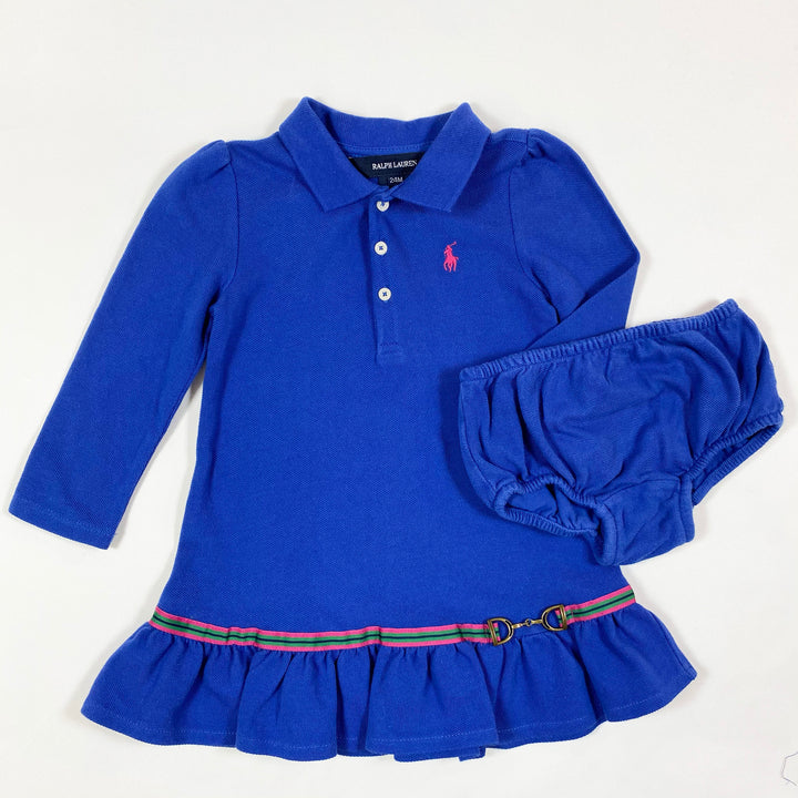 Ralph Lauren blue long-sleeved dress with cheval detail & matching bloomers 24M