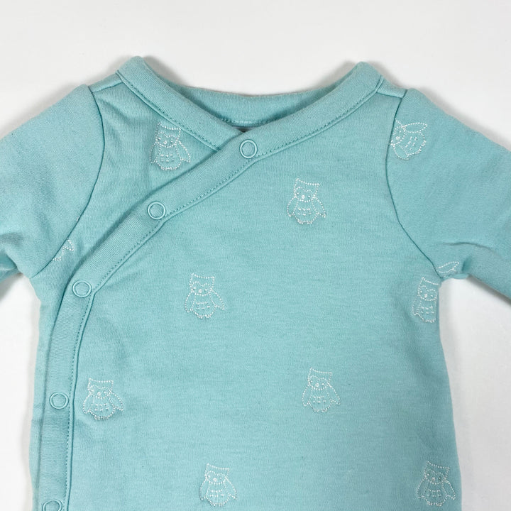 Janie and Jack turquoise warm padded pyjamas with embroidered owls and feet NB