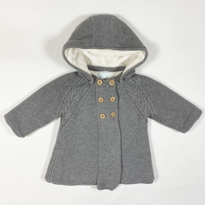 Obaïbi grey heavy knit cardigan with removable hood and faux fur lining 12M/74