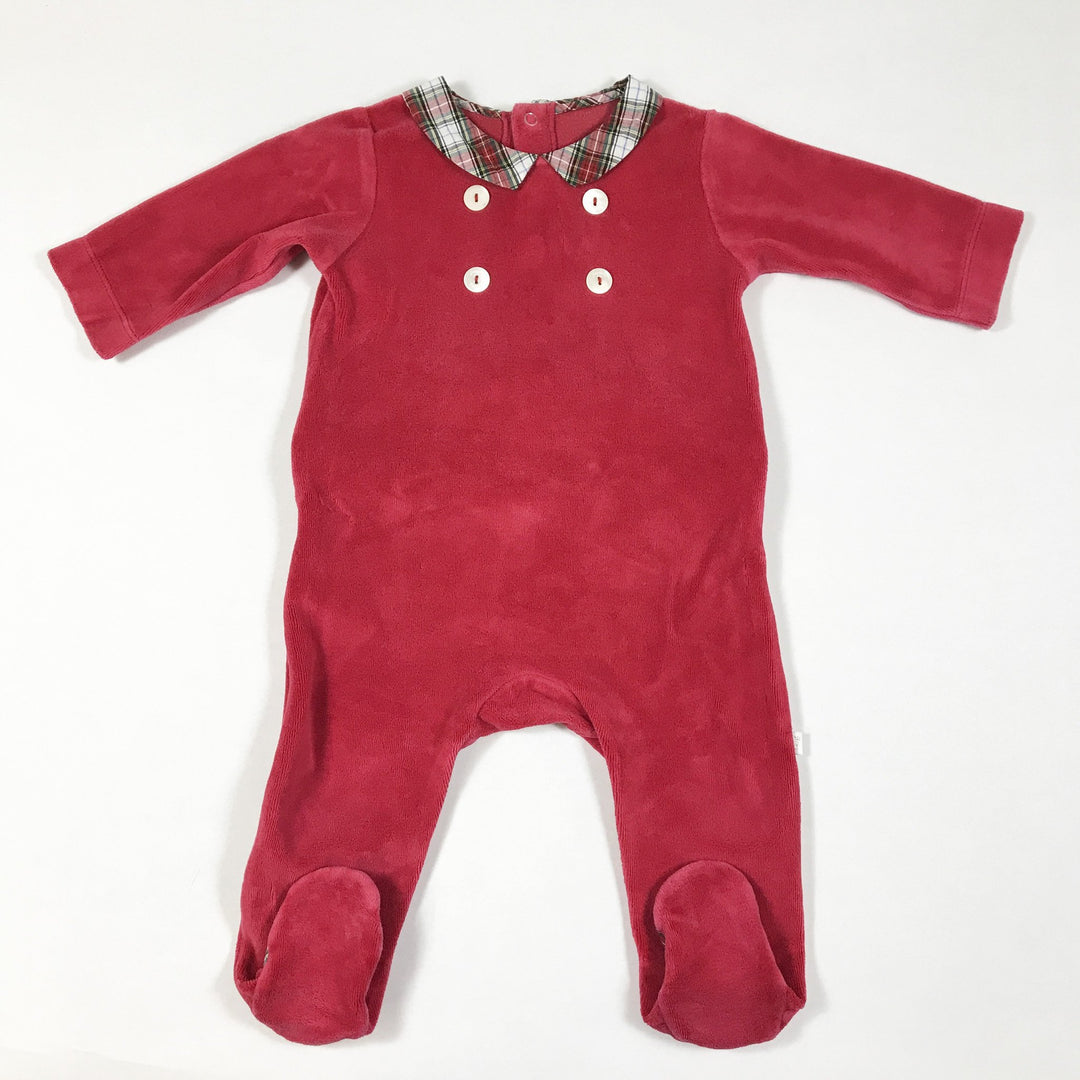 Jacadi red velvet pyjamas with feet and tartan collar 6M/67