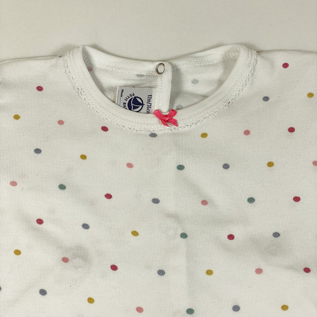 Petit Bateau white long-sleeved pyjamas with feet and colourful polka dots 12M/74