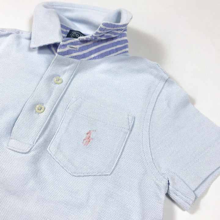 Ralph Lauren light blue short-sleeved polo shirt with oxford stripe detailing on collar 2Y